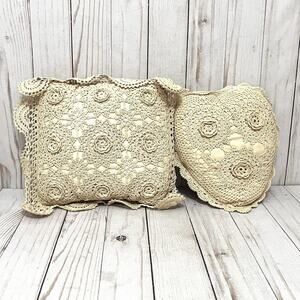 Keeco Vintage Cottagecore Crochet Lace Pillow Set Heart & Square Boho Chic 1995